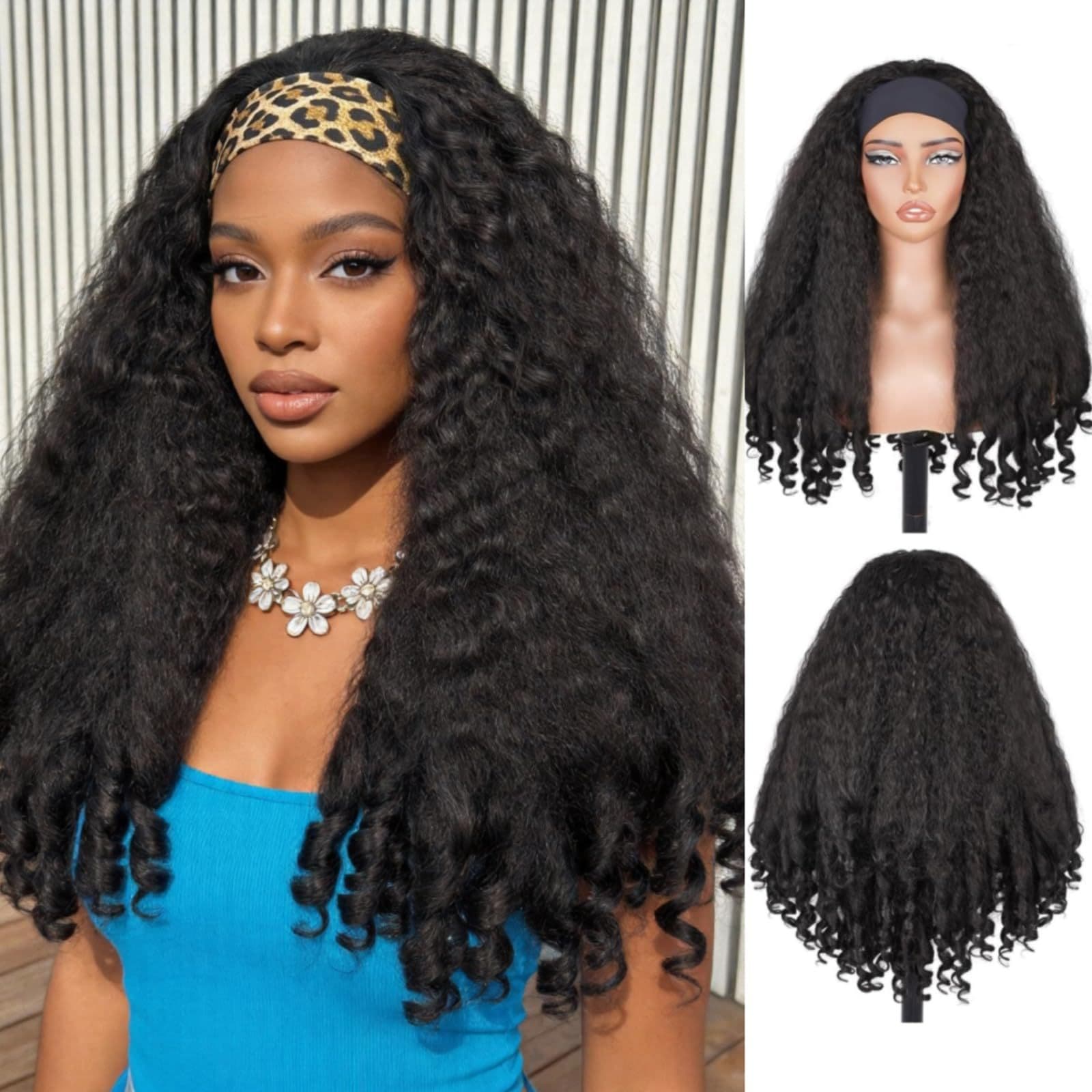 New cross-border women's wig headscarf long curly African curl black wig ice ribbon chemical fiber head cover direct sales