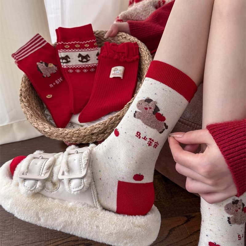 "May you be safe and sound" Red Fair Isle Christmas Stockings for Women, Mid-Calf Slouch Stockings, Bright Red Stockings for Your Lunar New Year/Birth Year