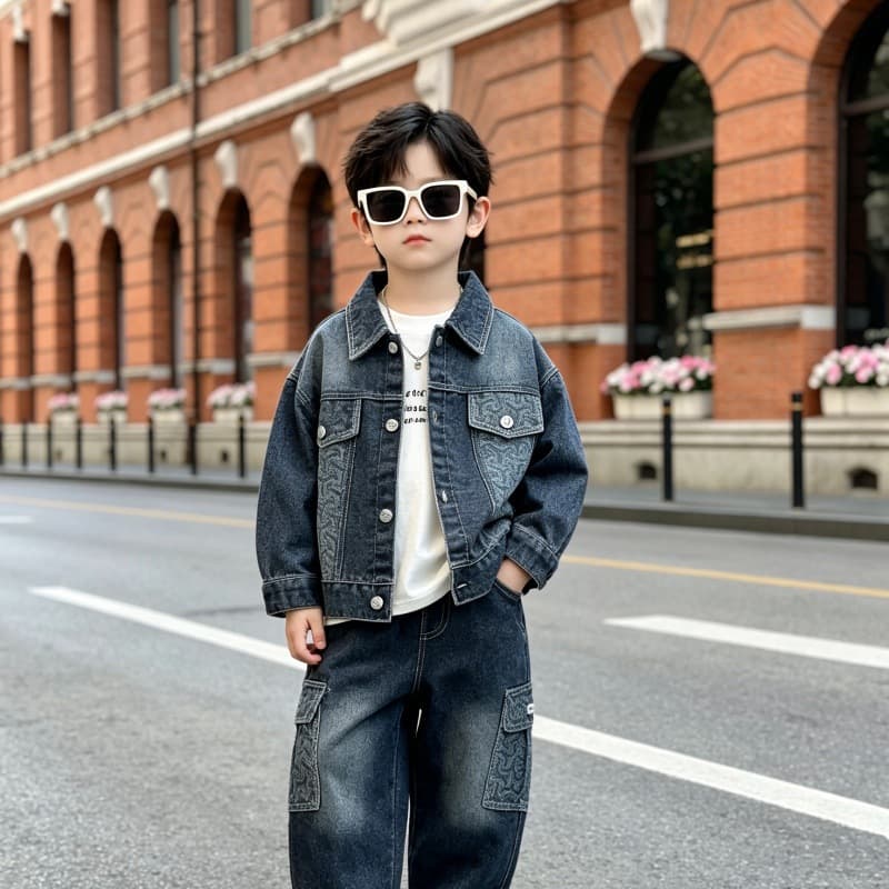 Boys' Outfit Set Spring and Autumn Kids Clothes 0-5 Years New Infant Toddler Stylish Autumn Wear Denim Jacket 3-Piece Set 2 Trendy