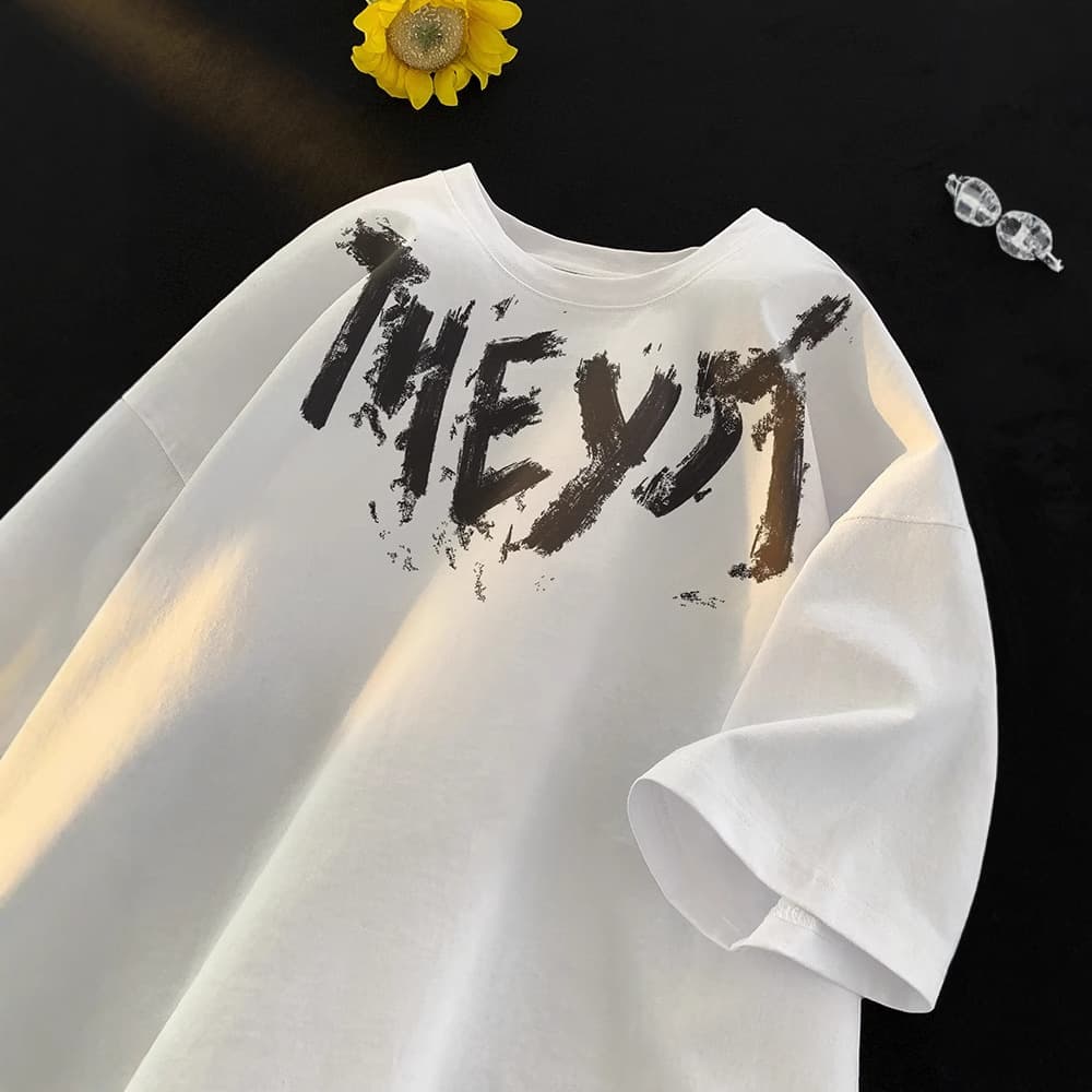 Letter Print Drop Shoulder Loose Fit T-Shirt for Men Summer American High Street Streetwear Versatile Half Sleeve Short Sleeve Top