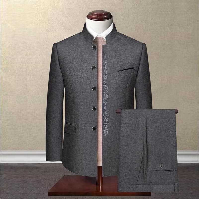 Men's Embroidered Zhongshan Suit Set Chinese Stand Collar Wedding Banquet Attire for Groom's Father Middle-Aged and Elderly Casual Dad Outfit