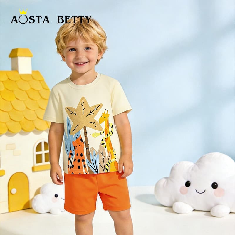 AostaBetty Boys' Knitted Cotton Short Sleeve T-Shirt Set Two-Piece Sportswear Kids' Clothing Soft Fabric Animal Cartoon Print