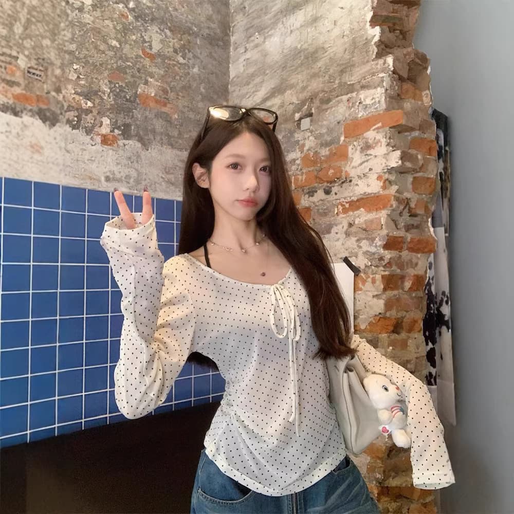 Sheer Thin Polka Dot Tie Bow Long Sleeve Sun Protection Top, Wear Alone or Layered T-Shirt, 2026 Spring/Summer Style