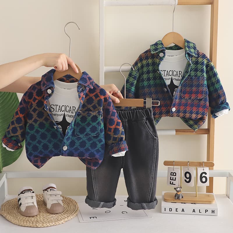 2026 New Boys Autumn Outfit Set Fashionable Children Spring Fall Baby Gradient Jacquard Denim Three-Piece Set Wholesale