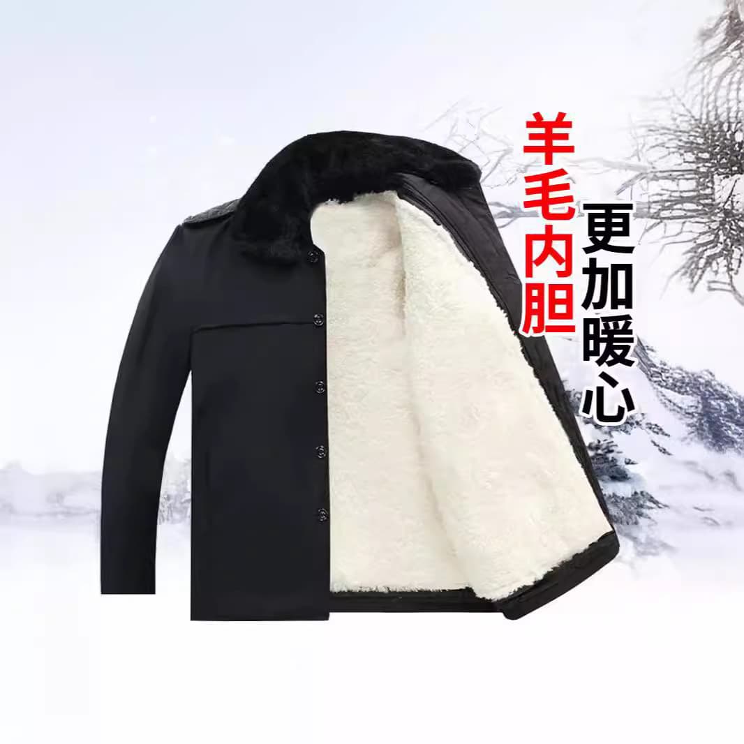 Winter sheepskin coat for middle-aged and elderly men, wool cotton-padded coat with thick inner lining, cotton-padded jacket, cotton-padded coat, woolen overcoat
