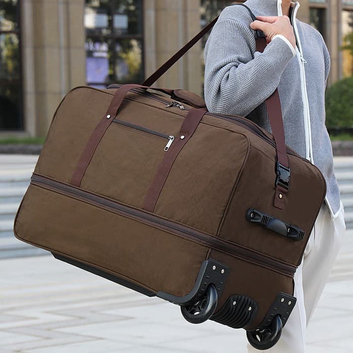 Premium Large Capacity Single Shoulder Crossbody Travel Bag with Large Wheels Rolling Luggage Bag Washed Fabric Wheeled Duffel Bag Training Gear Bag