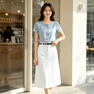 Super Flattering Brightening One-Piece Outfit Skirt Set Women's Summer Blue T-Shirt Button Top High Waist Skirt Set