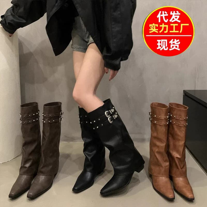 British style rivet hot girl knight boots women's spring and autumn niche trouser boots tall boots slimming tall boots pile boots