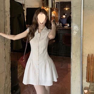 New Korean-style student polo collar dress, American-style slim-fit dress for women, summer sleeveless shirt dress