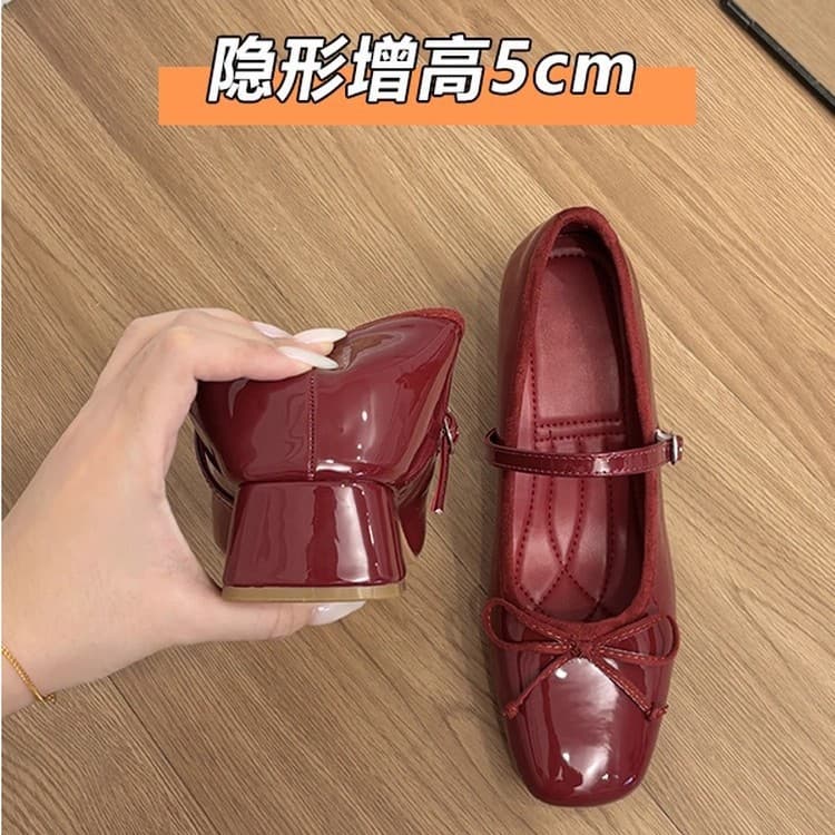 Sheepskin version ~ Genuine leather little man's inner heightening 7CM bow one-word buckle Mary Jane shoes women's thick heel retro single shoes
