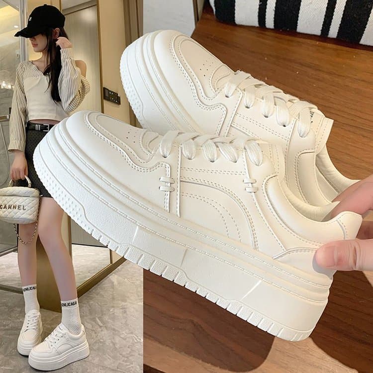 Thick Sole White Sneakers for Women Spring 2025 New Style Versatile Leather White Casual Sports Shoes with Height Increase