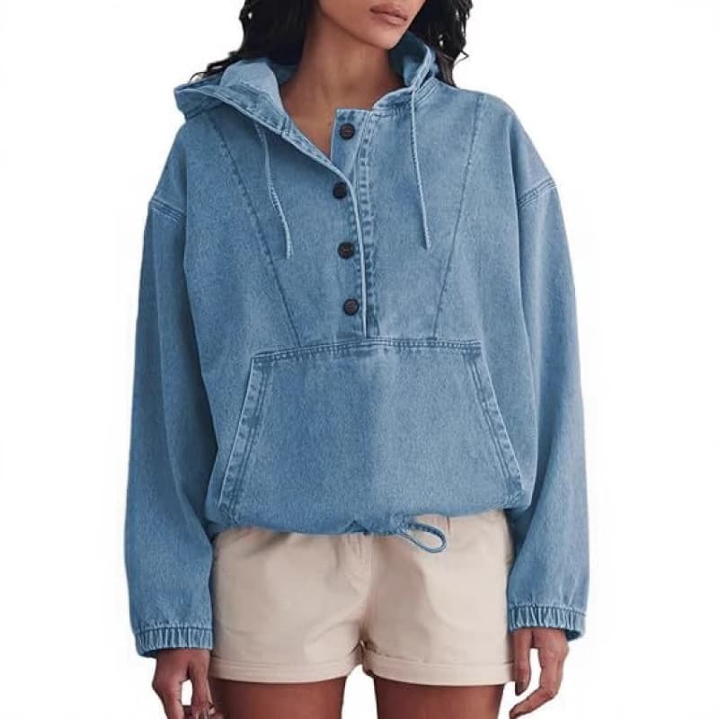 European and American Cross-Border 2025 Women's Fashion Denim Hoodie Pullover Jacket Denim Sweatshirt Fashion Top Wholesale
