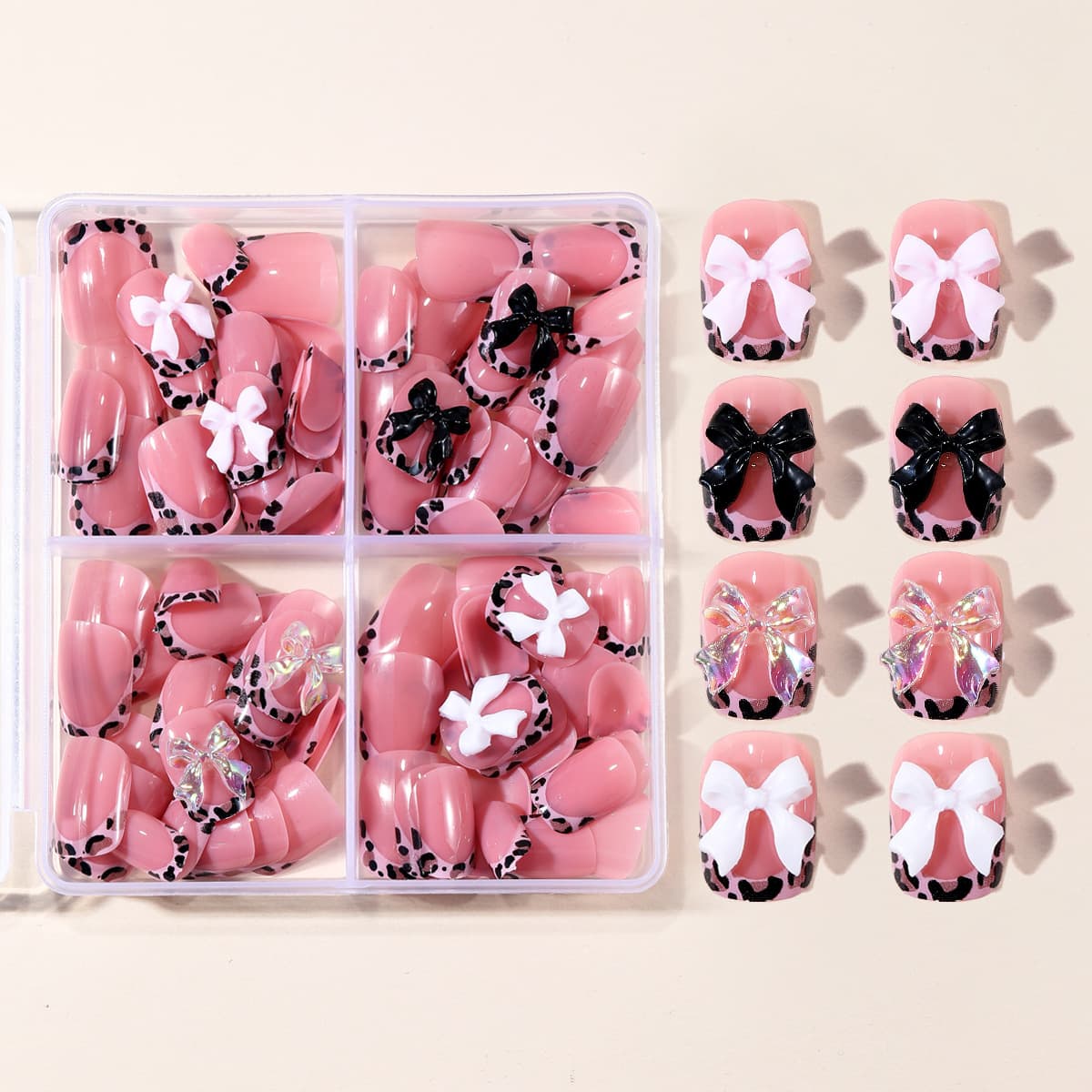4 types of 96-piece boxed short square leopard print French edge bow accessories for decorative removable false nail patches