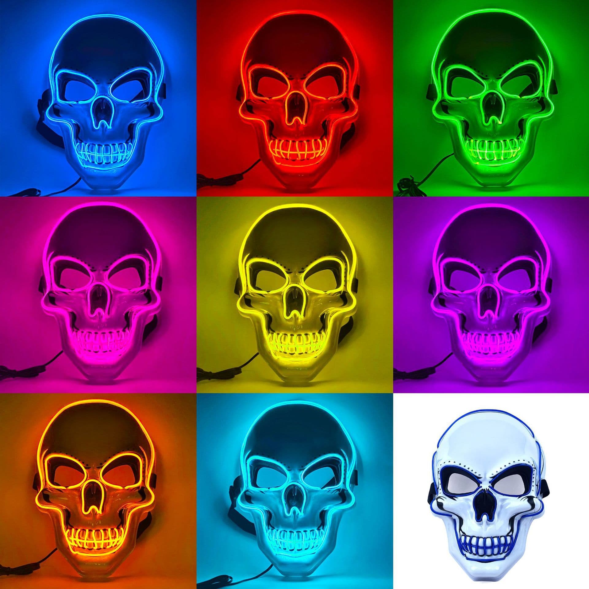 Amazon-style Halloween skull face mask with glowing hair, perfect for horror and funny movies in Europe and America, full-face LED mask.