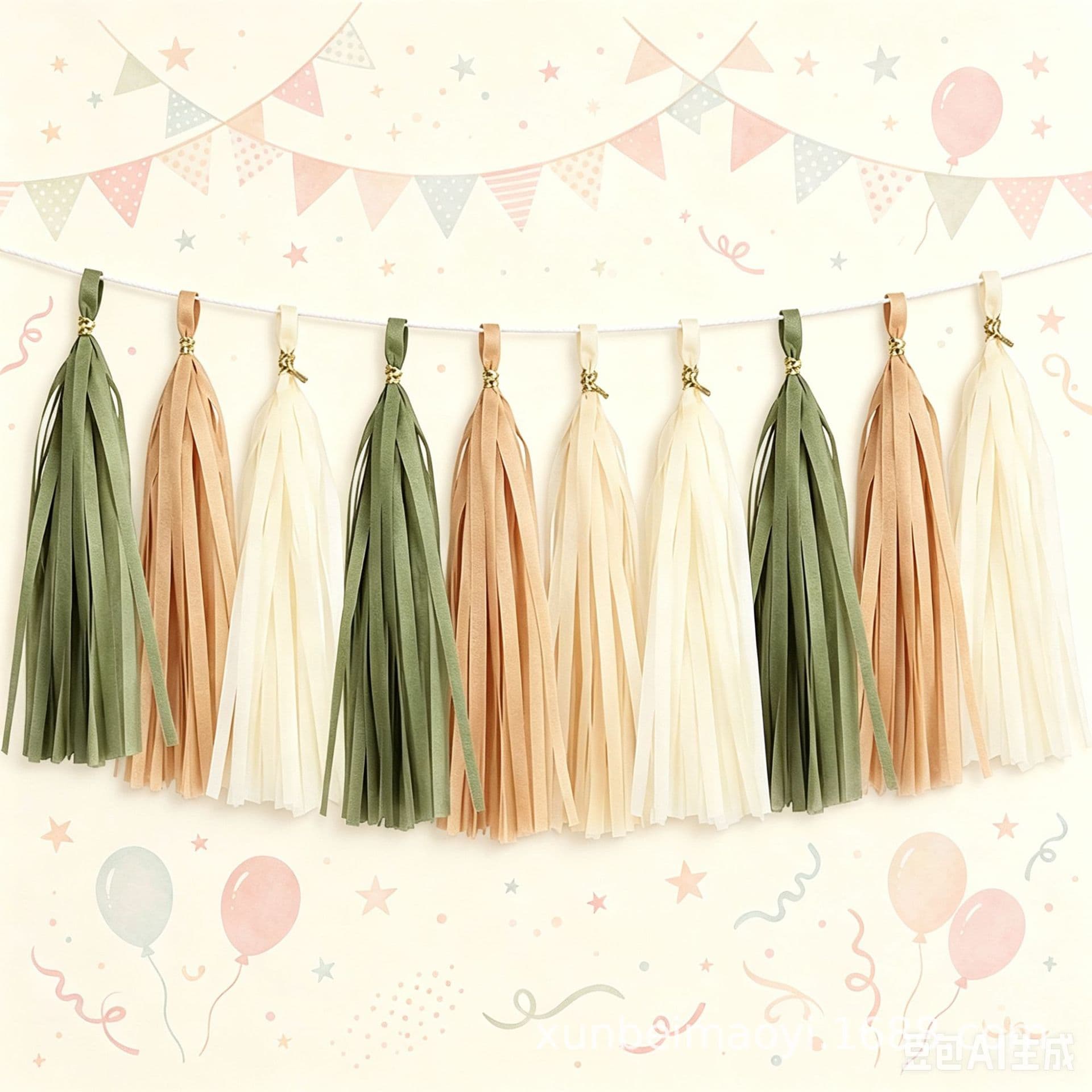 15 PCS DIY Paper Tassel Olive Green Brown Cream Garland Banner Gender Baby Shower Pendant Decorative Streamers