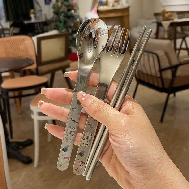Portable Fork-Spoon-Chopstick Set, 316 Stainless Steel Soup Spoon and Fork, Cute Printed Children's Utensils, Cross-border E-commerce Factory