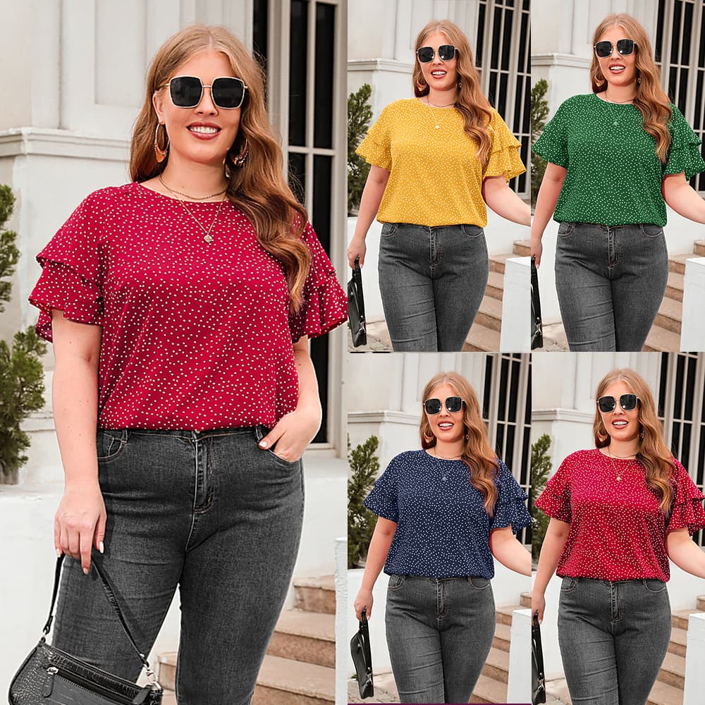 Amazon Cross-Border New Polka Dot Loose Casual T-Shirt Plus Size Women's Round Neck Short Sleeve Commuter Top