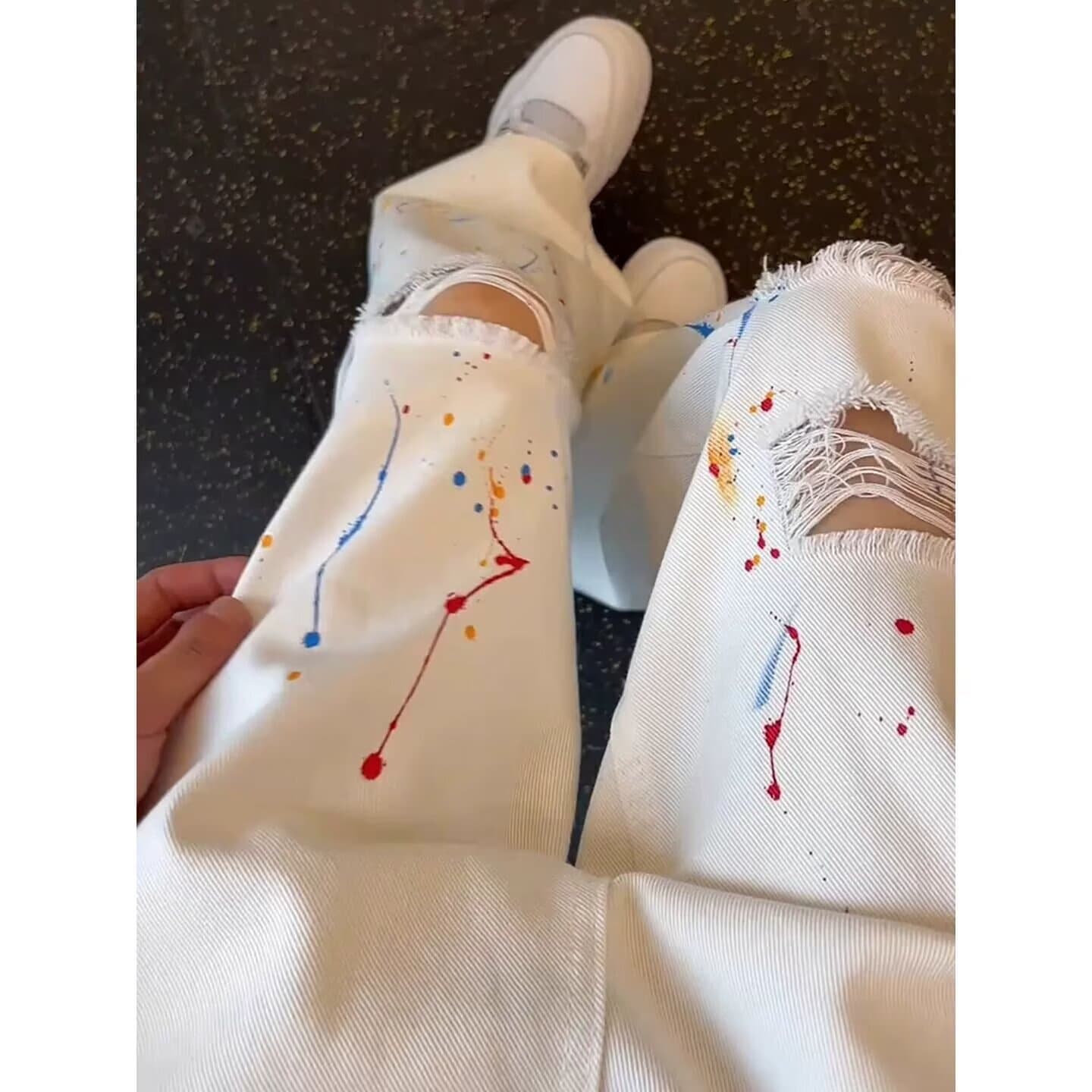 White Graffiti Ripped Jeans for Men, Autumn Cleanfit American Style Pants, High Street Straight-Leg Curved Knife Bootcut Pants