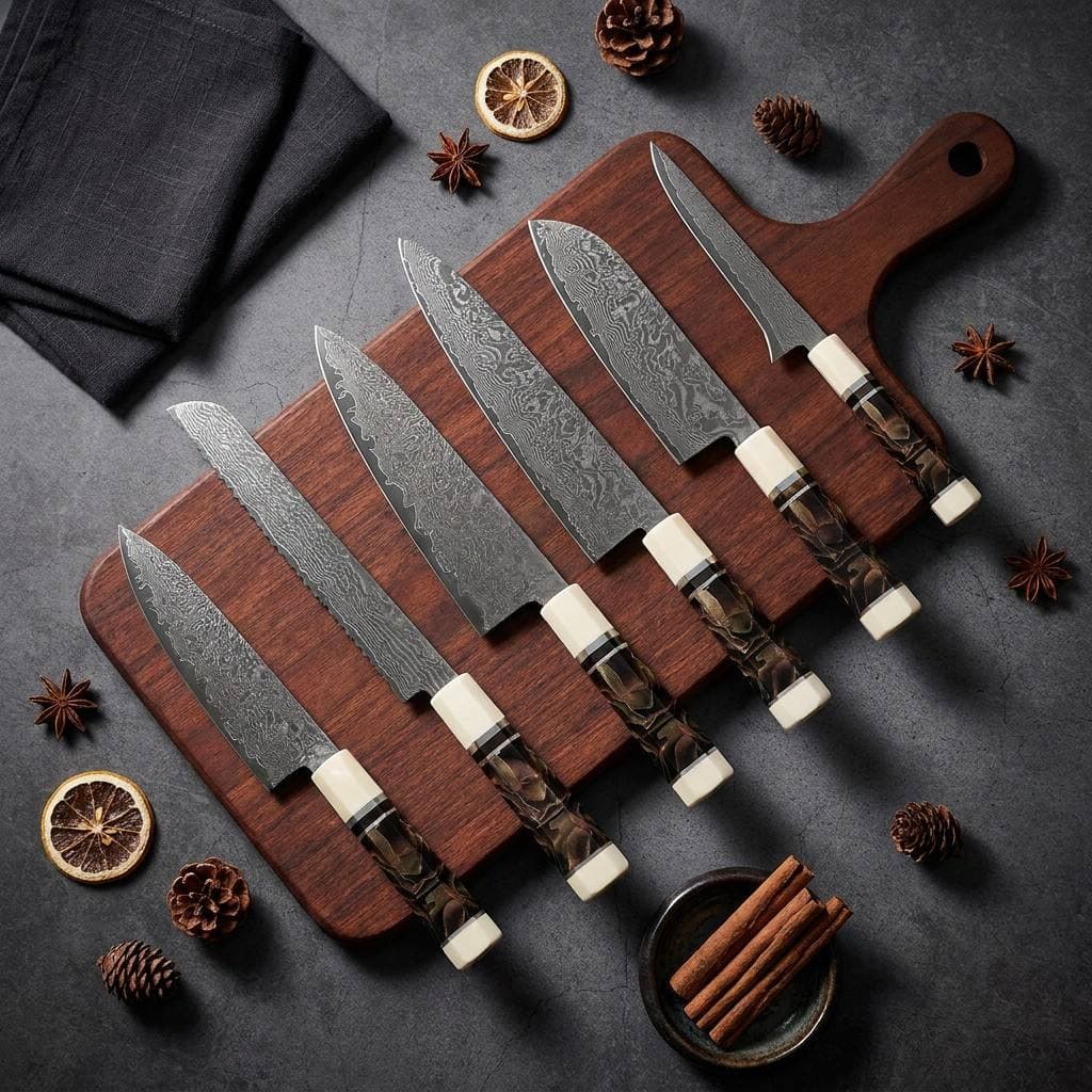 Damascus steel Japanese kitchen knife set, fluid resin handle, forged pattern chef knife, Santoku knife, Japanese style