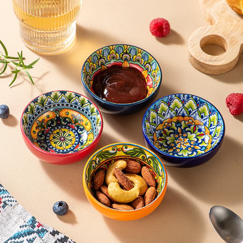 Cross-Border Bohemian Round Ceramic Dish with Hand-Painted Underglaze Color, Household Dipping Dish, Bone Dish, Snack Dish, Seasoning Dish