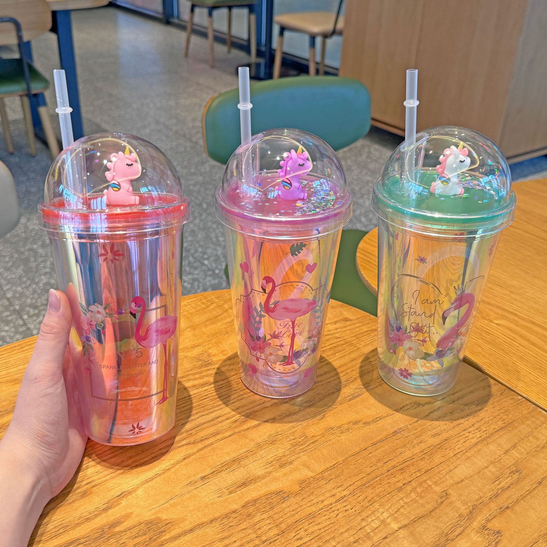Wholesale Plastic Water Cup Double Layer Plastic Cup Creative Cartoon Laser Flamingo Straw Cup Trendy Landscape Cup