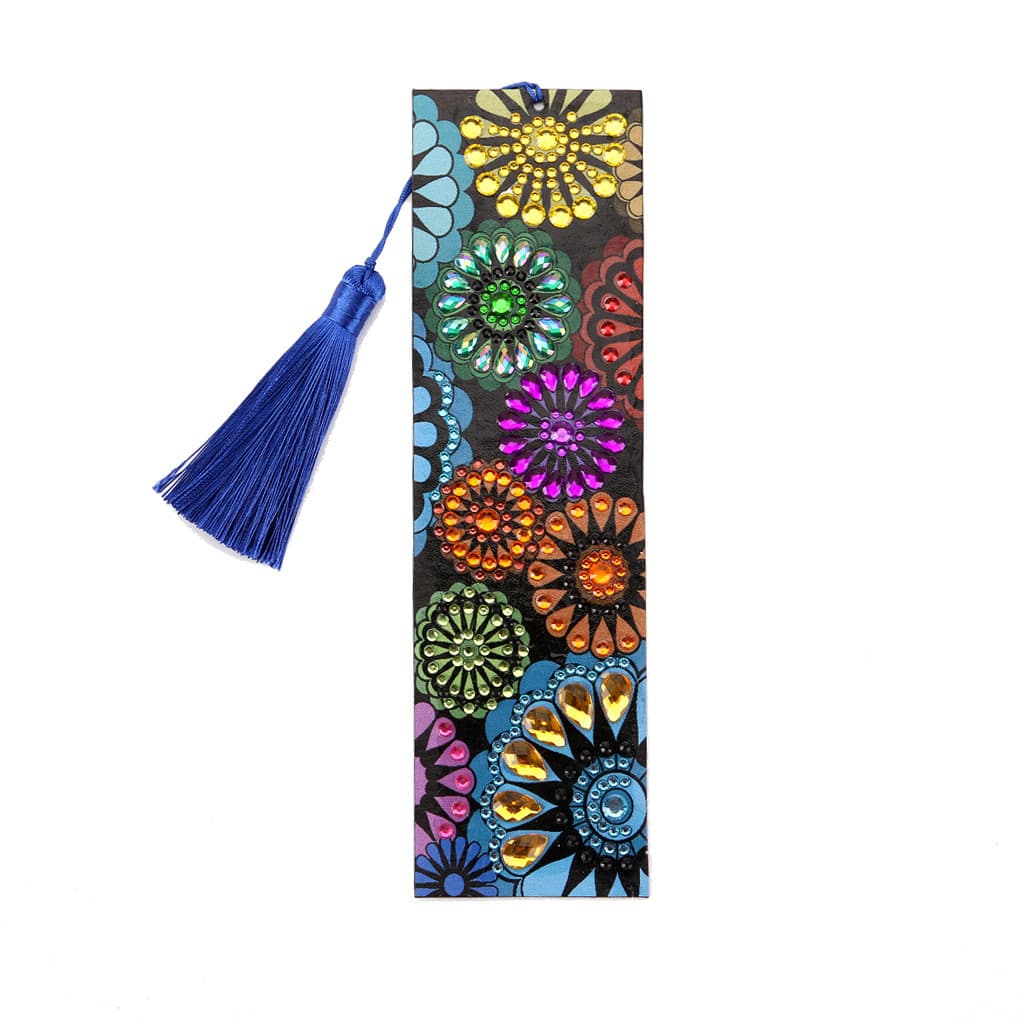 1 piece DIY Diamond Painted Leather Bookmark Art Set with Tassel Diamond Painted Bookmark Machine He Flower Pattern