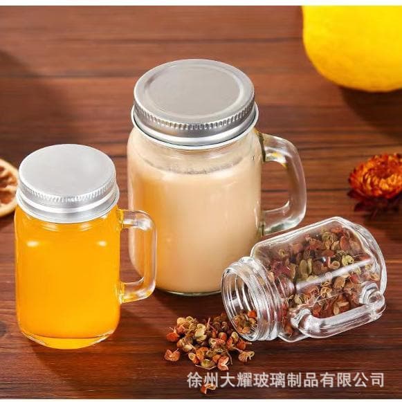 Hot-selling Amazon mini Mason cup with high appearance and small handle cup coffee concentrate glass bottle food sealed jar