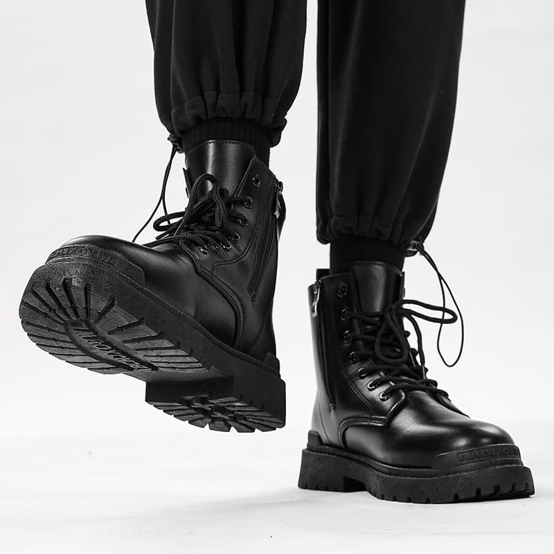 Men's Martin Boots High-Top British Style Motorcycle Zipper Mid-Top Work Boots High-Top Leather Shoes Black Short Boots Ins Fashion