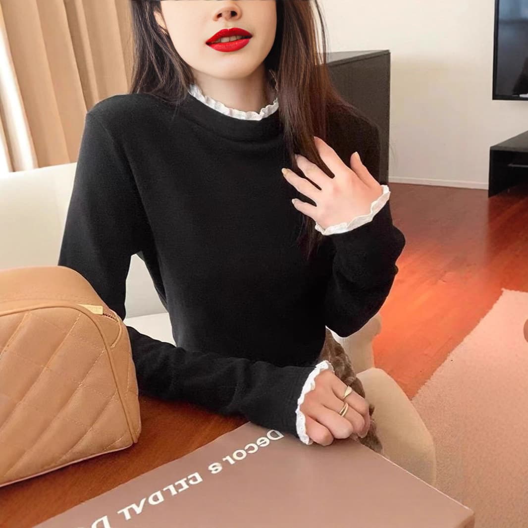 American Lace Stand Collar Lace Trim Simple Dralon Base Layer Women Autumn/Winter Inner Layer Top New Arrival Design Long Sleeve