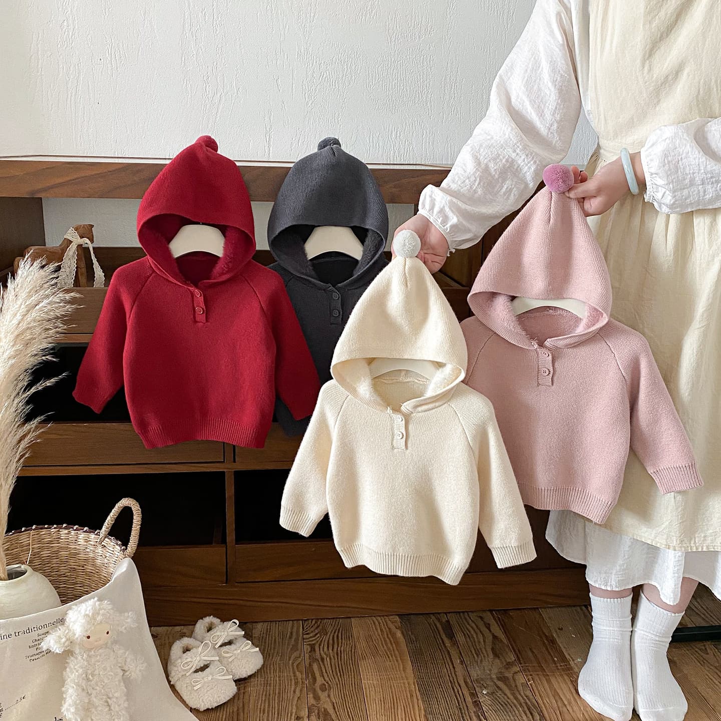 Dianxi Winter New Arrival Infant & Toddler Fleece-Lined Thick Hooded Sweater, Fashionable and Versatile Solid Color Knitted Top for Baby Girls