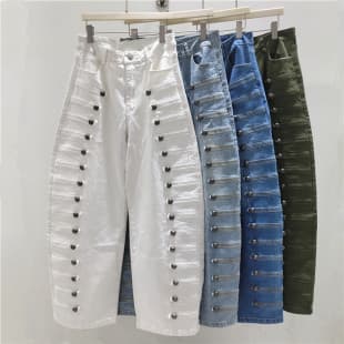 American Retro Metal Button Design Curved-Seam Jeans for Women Streetwear High-Waist Slimming Wide-Leg Floor-Length Trendy Pants
