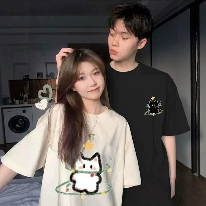 Couple Matching Cotton Short-Sleeve T-Shirt Summer Oversize Unique Design Men's and Women's Top Student Streetwear Class Uniform