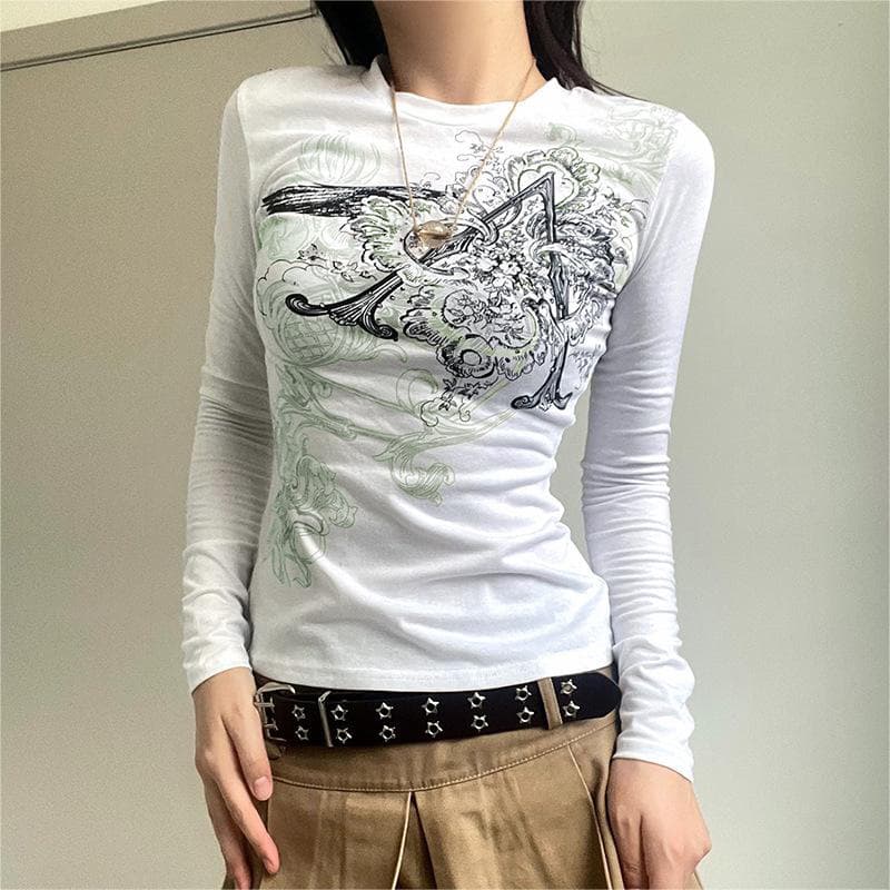2025 New Ins Style Slim Y2K Retro Print Long Sleeve T-Shirt for Women, Round Neck Trendy Streetwear Base Top