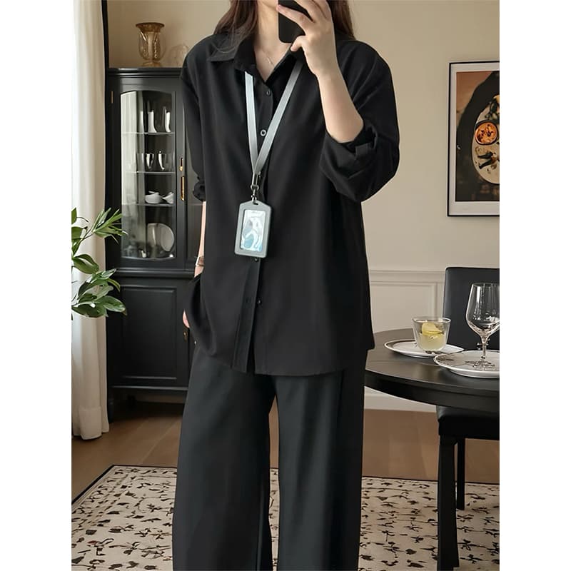 Black Drapey Long-Sleeve Shirt for Men, Spring and Autumn, Unisex Style, Layered Wear, Inner Layer Shirt, Workplace Commute Casual Wear