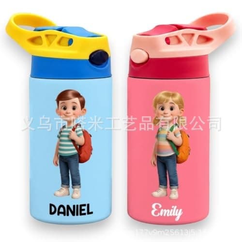 3D picture printed children's thermos cup with straw stainless steel kettle kindergarten baby male and female primary school water cup