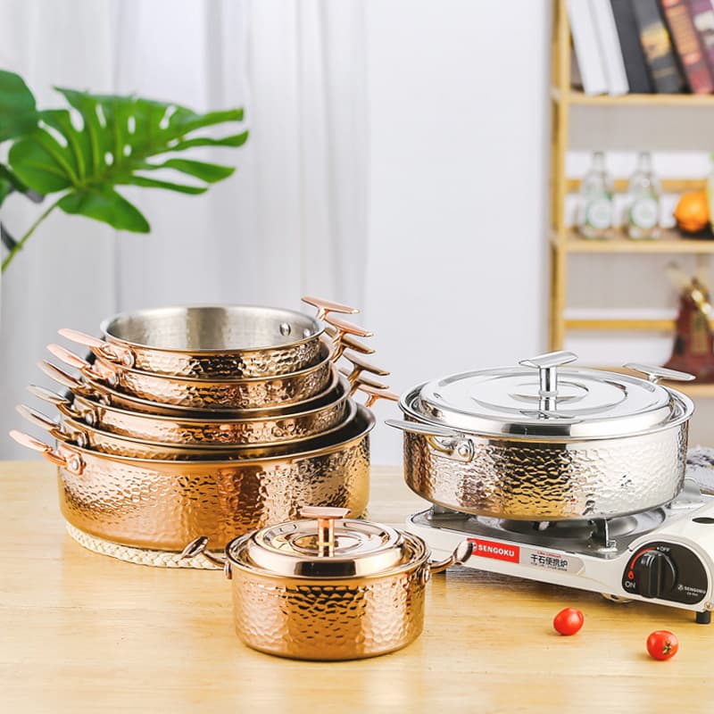 Restaurant Three-Layer Steel Hammered Texture Hot Pot, Large Capacity Clear Broth Pot, Gold, Induction Cooktop Compatible, 304 Stainless Steel Hot Pot Basin