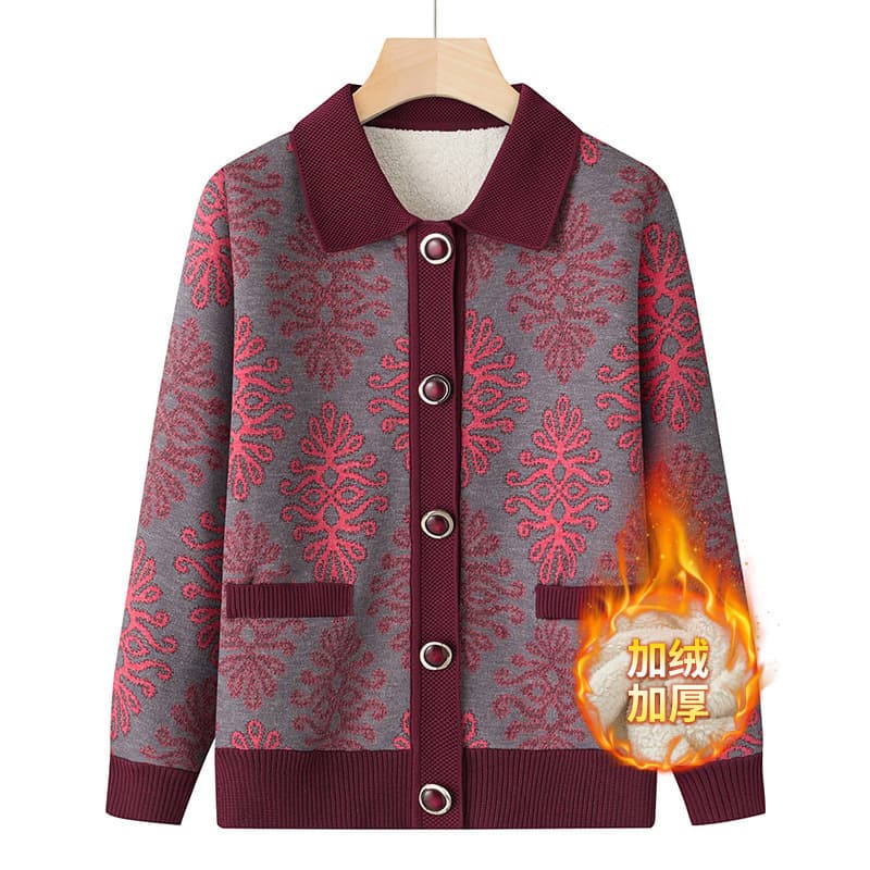Women's Cardigan Sweater Coat for Mothers and Grandmothers, Fall and Winter Fleece-Lined Top, Open-Front Coat for Seniors 70-80 Years Old