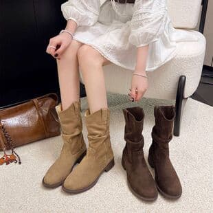Low Heel Ankle Boots Stacked Boots Women's 2026 New Autumn Maillard Western Cowboy Boots Short Boots Mid-Calf Martin Boots