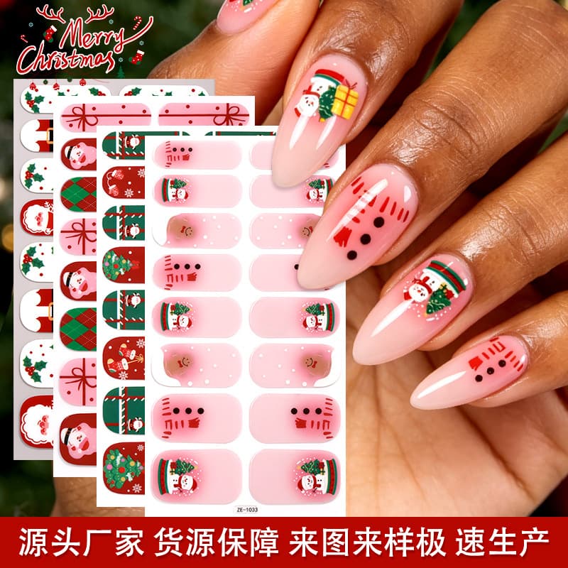 Cross-border New Christmas Nail Stickers for Europe and America, Waterproof Cartoon Cute No-Bake Nail Art Stickers, Full Nail Wraps, Customizable