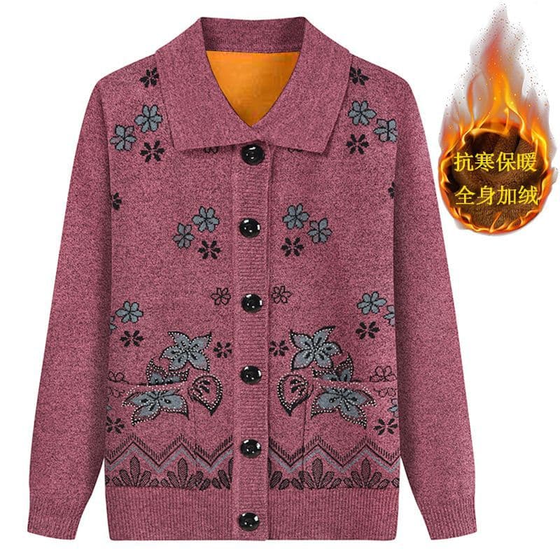 Mother's Autumn/Winter Fleece Sweater Coat, Elderly Thickened Warm Knit Cardigan, Women's Loose Embroidered Top