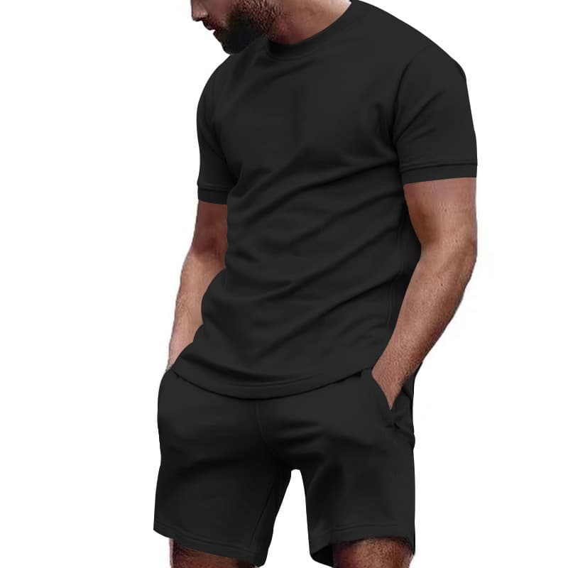 Cross-border bird's eye short-sleeved T-shirt suit top + 5-point shorts solid color 2-piece summer running fitness sports suit