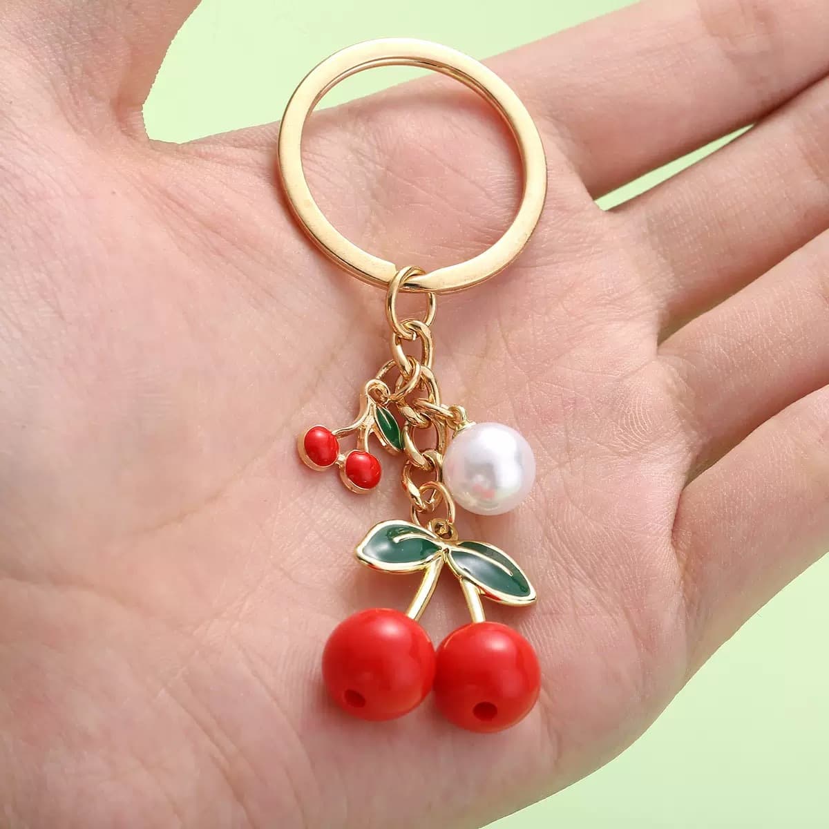 Cross-Border Popular Item: Oil-Drip Solid Color Resin Red Fruit Cherry Pearl Keychain Metal Keychain Accessory