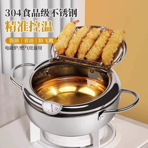 Wow 304 Stainless Steel Japanese Tempura Fry Pot with Thermometer, Small Fryer, Oil-saving Pot, Induction Cooker Cross-border