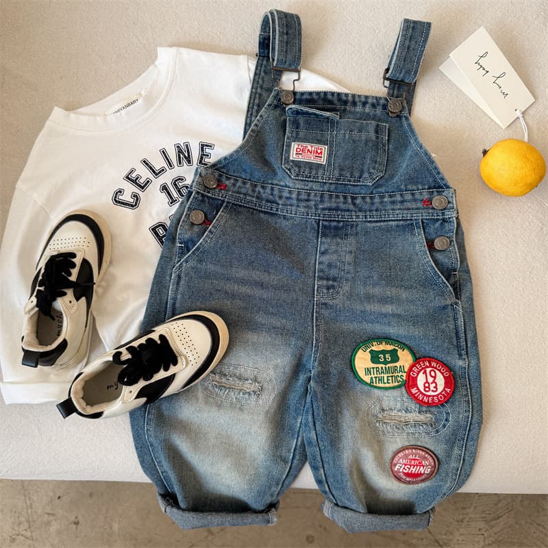 Cotton Kids Pants 2026 Spring New Arrival Boys Girls Ripped Denim Overalls Baby Korean Style Suspender Pants