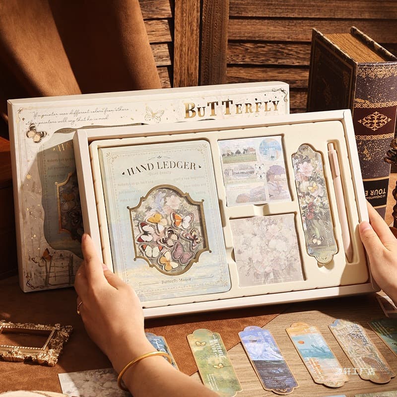 Vintage Oil Painting Notebook Set Gift Box Butterfly Journal Gift for Primary School Students Learning Supplies