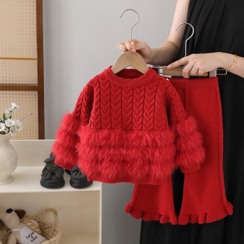 Girls' Long Fake Mink Knit Two-Piece Set, 2025 Fall/Winter New Arrival, Round Neck Sweater and Pants Set