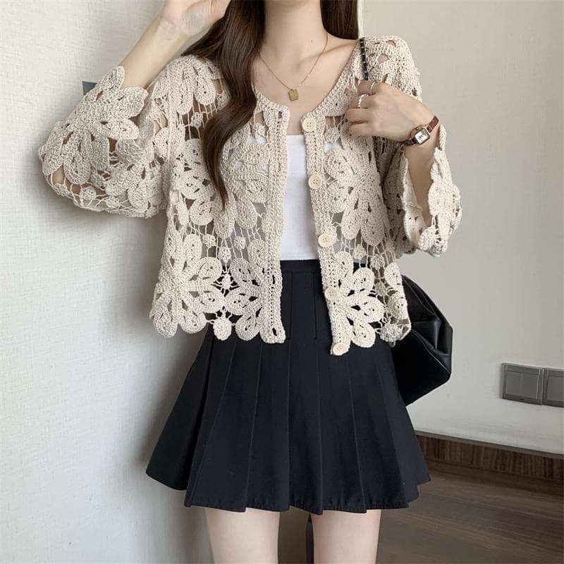Korean-style Fashion Knitted Lace Jacket for Women, Bohemian Hollow-Out Long-Sleeve Plus-Size Cardigan, Air-Conditioning Top