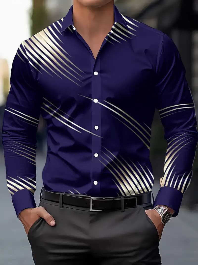Men's Shirt Turn-Down Collar Breathable Business Shirt Cross-Border Striped Print Fashionable Casual Long Sleeve Shirt for Young and Middle-Aged Men