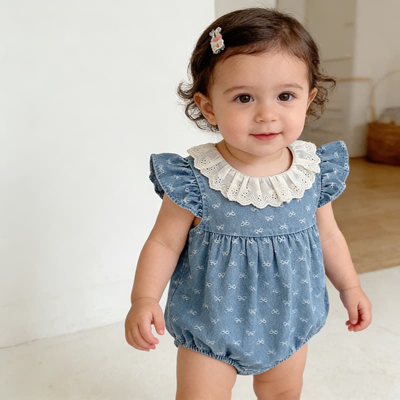Baby Clothes for Girls, Denim Romper, Summer Thin Style, Newborn Bow Print Jumpsuit, Crawling Suit