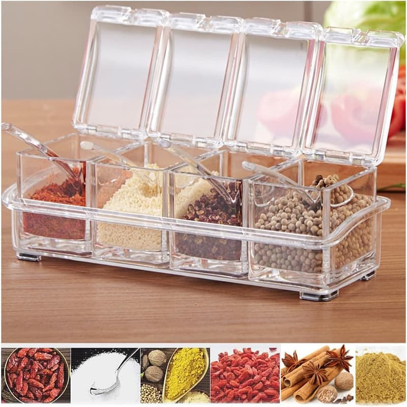 Cross-border transparent spice containers with lids, 4-in-1 household kitchen storage bottles for salt/sugar/MSG